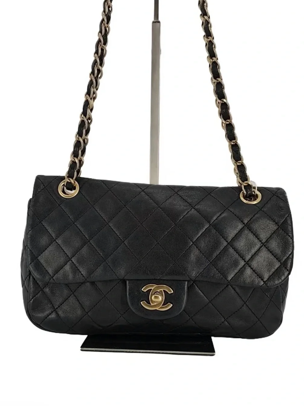 Authentic CHANEL Black Quilted Lambskin Shoulder Bag with Gold Hardware